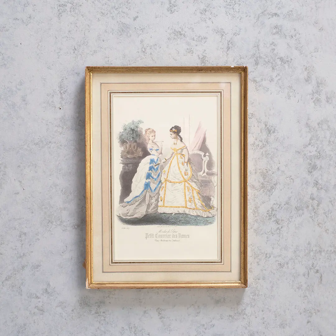 アンティークリトグラフピクチャー ドレスを着た婦人 フランスのファッション画 石版画