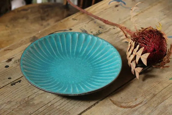 益子焼・シャビーターコイズ しのぎ7寸皿(21cm)/大皿 手作り わかさま陶芸 若林健吾 おしゃれな食器