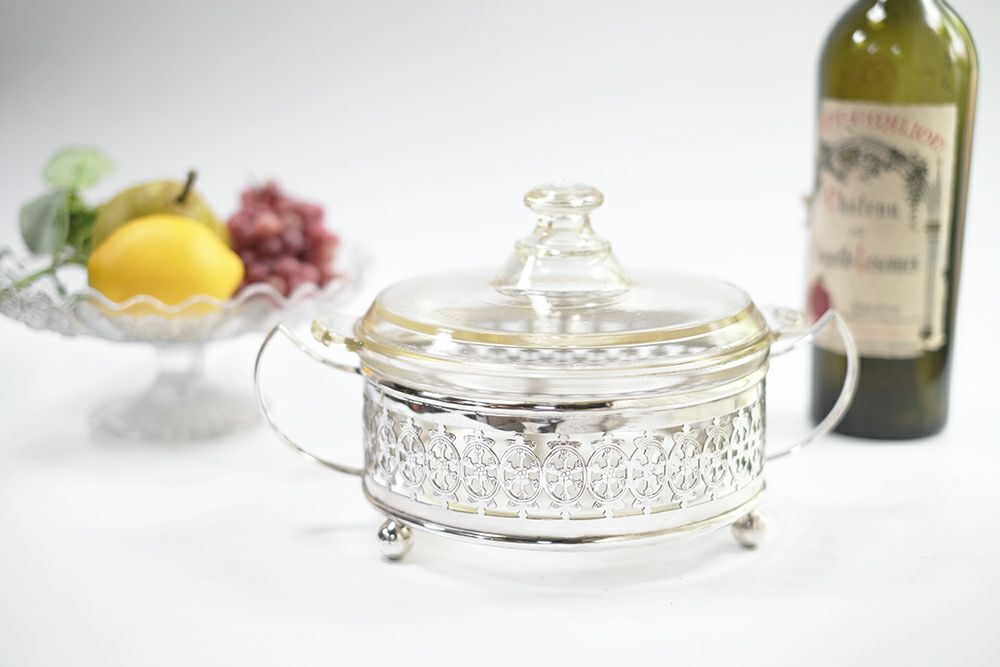アンティーク パイレックス キャセロールディッシュ イギリス バーミンガムのシルバースミスGEORGE BOWEN & SON アンティーク食器