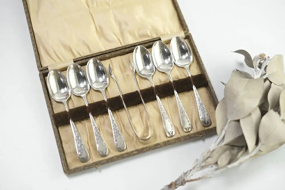 アンティーク食器 アンティークティースプーン&トングセットE.P.N.S 1900s 英国シルバープレート製