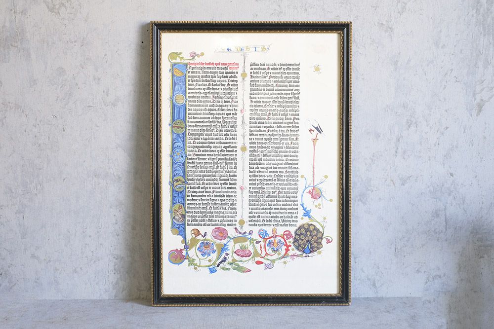 アンティーク油絵・農村の風景画ヴィンテージアートプリントピクチャー グーテンベルク42行聖書アンティーク油絵・農村の風景画