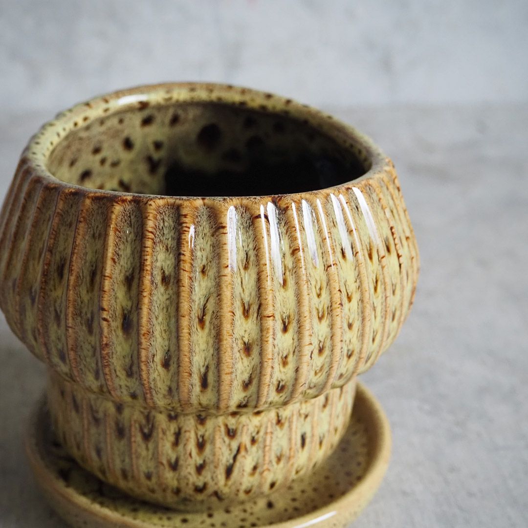 陶器のプランター イエローLサイズ オブジェのようなアート系鉢植え3