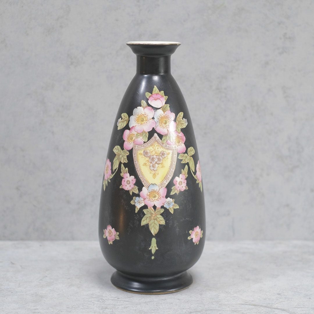 アンティークフラワーベース イギリス CROWN DEVON 黒 陶器花瓶