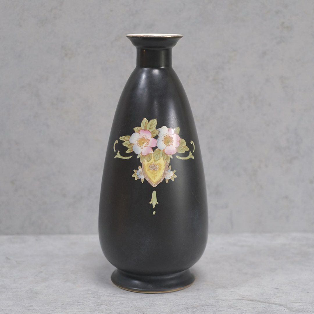 アンティークフラワーベース イギリス CROWN DEVON 黒 陶器花瓶44