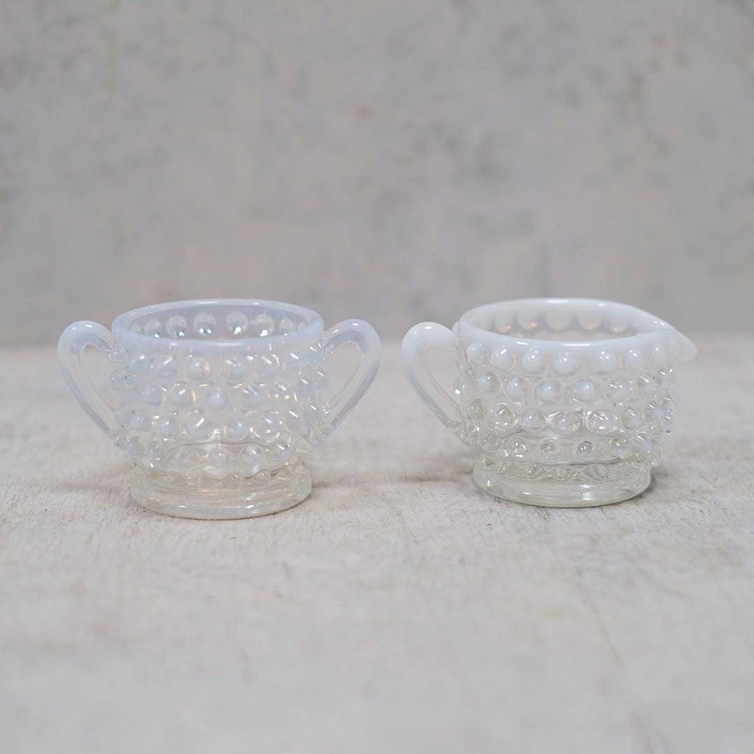 アンティークオパールセントガラス シュガーボウル&ミルクポットセット アメリカ FENTON ホブネイル1