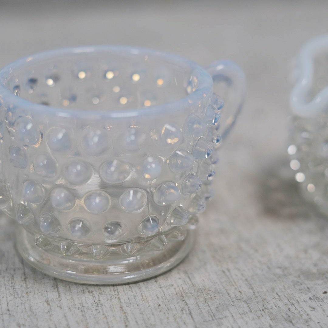 アンティークオパールセントガラス シュガーボウル&ミルクポットセット アメリカ FENTON ホブネイル4