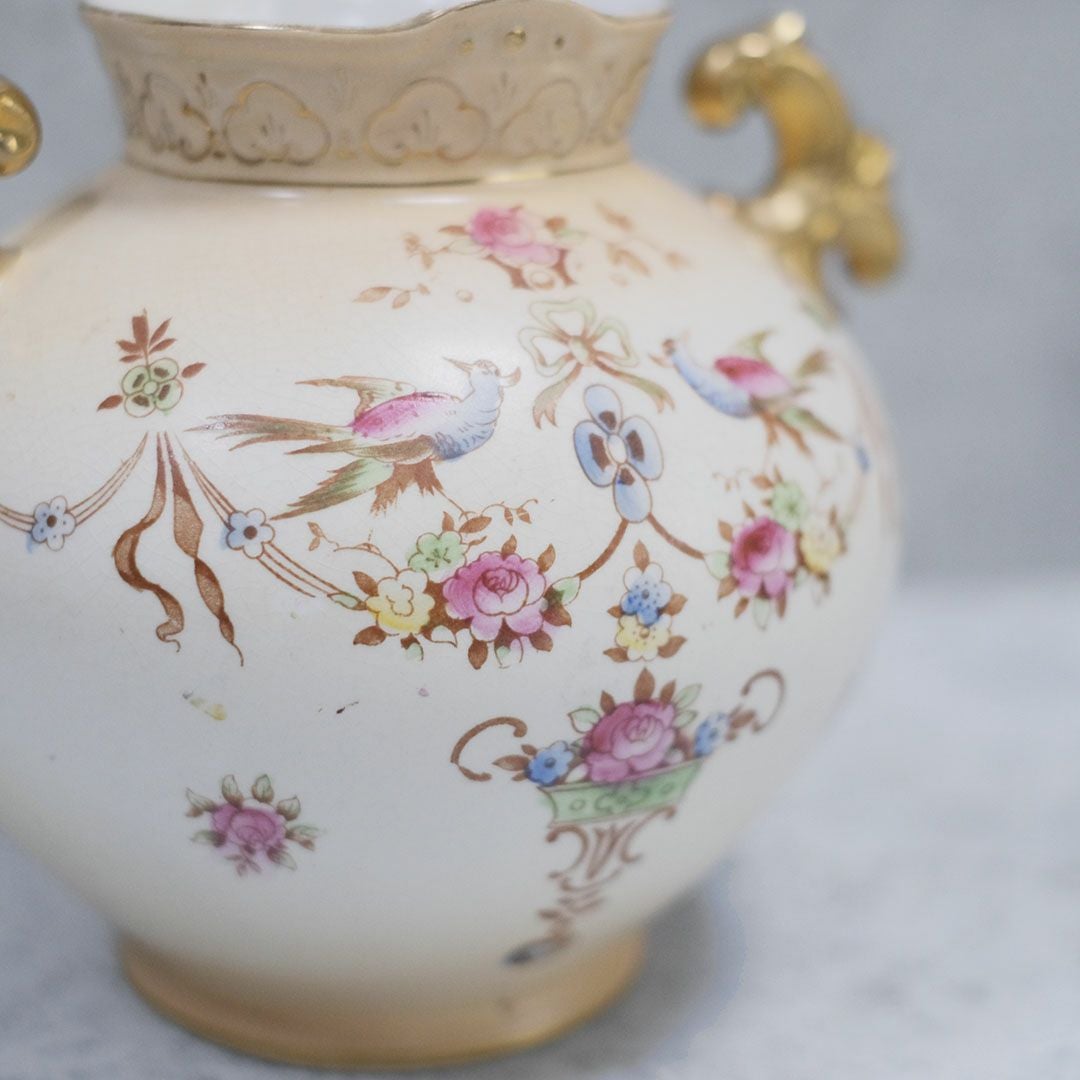 アンティークフラワーベース イギリス CROWN DEVON 陶器の花瓶 鳥と花21