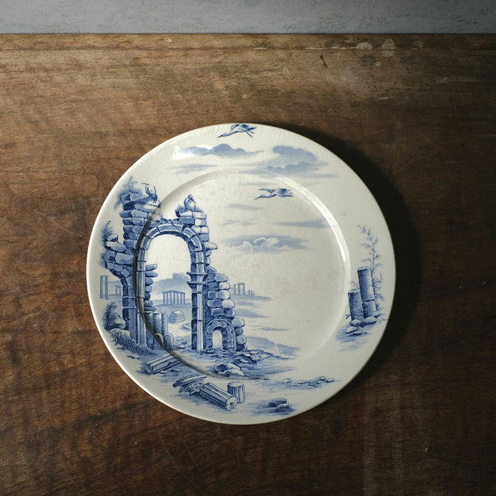 フランス アンティーク皿 GIEN 遺跡と鳥 23.5cm