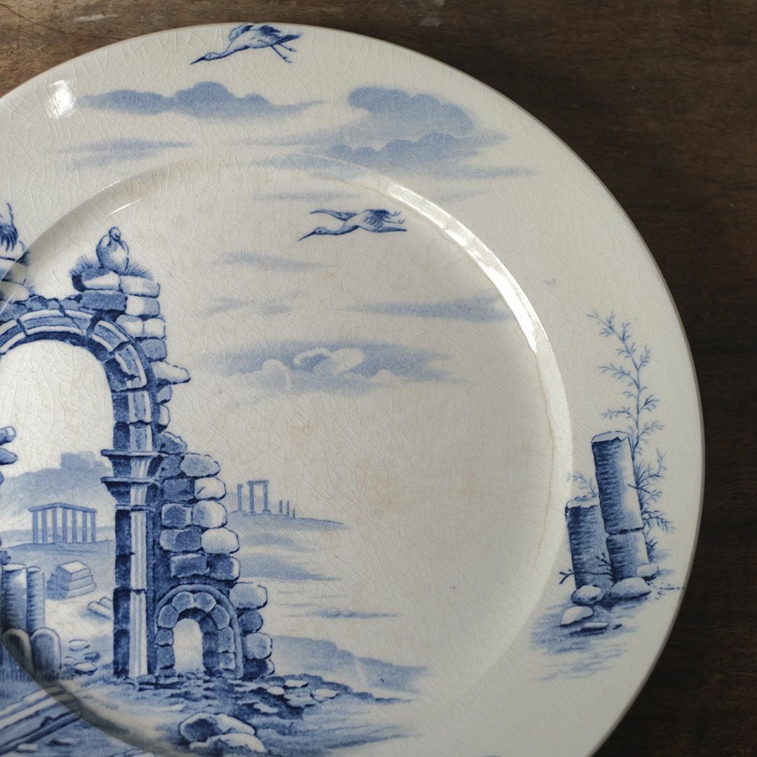 フランス アンティーク皿 GIEN 遺跡と鳥 23.5cm33