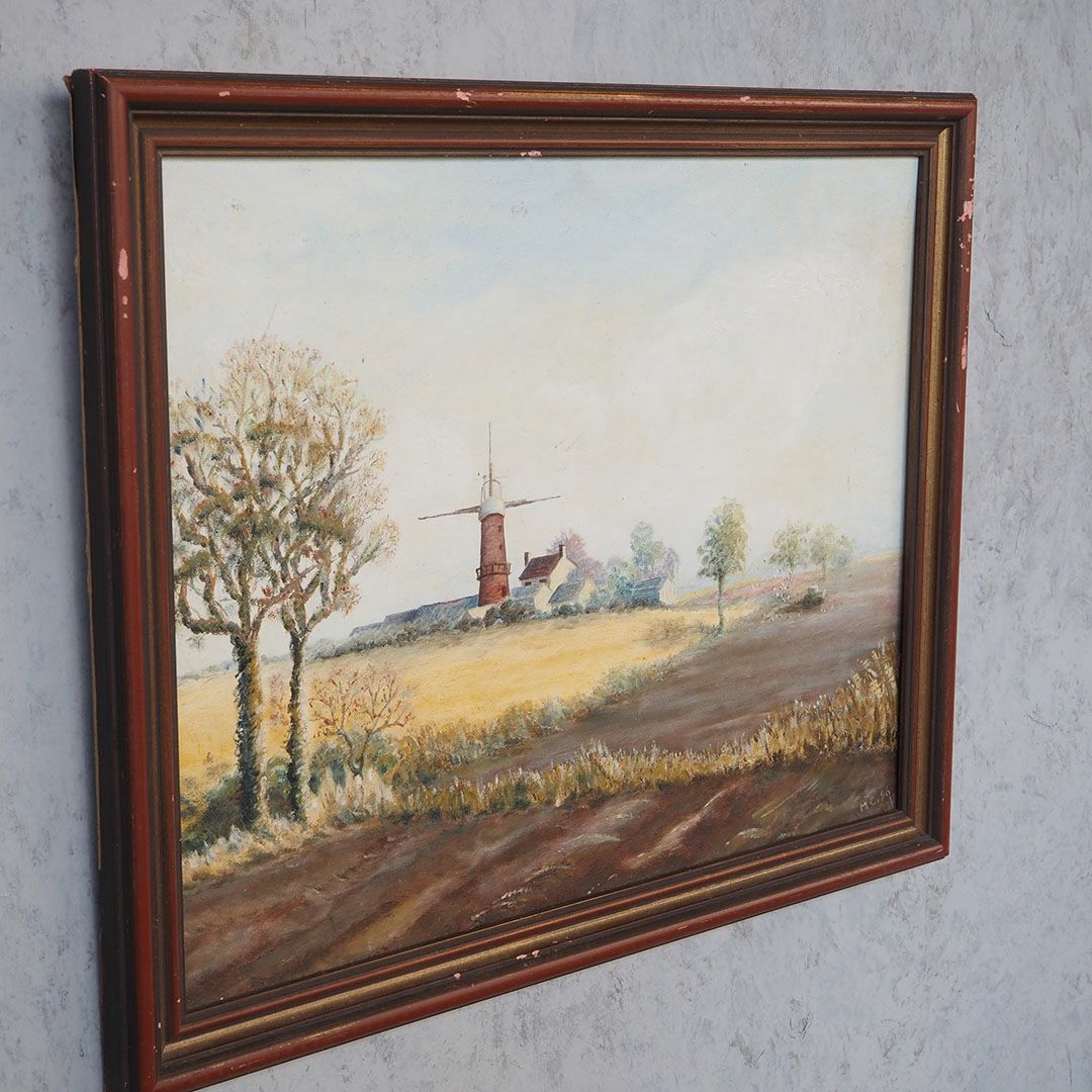 ヴィンテージオイルピクチャー 風車のある風景 油絵 イギリス11