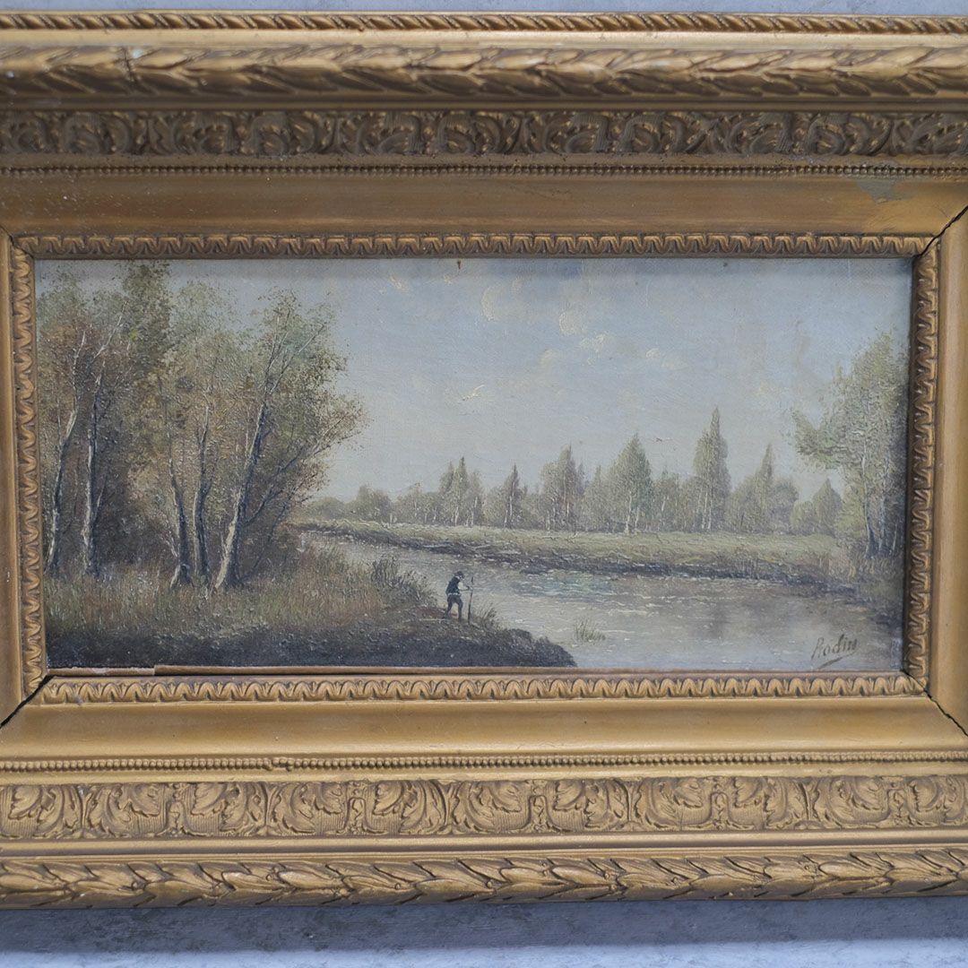 アンティーク油絵 フランス 川辺の風景画 絵画の通販 アンティーク