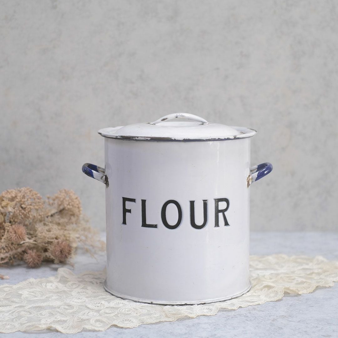 アンティーク ホーローFLOUR缶 イギリス 小麦粉保存容器 白い琺瑯