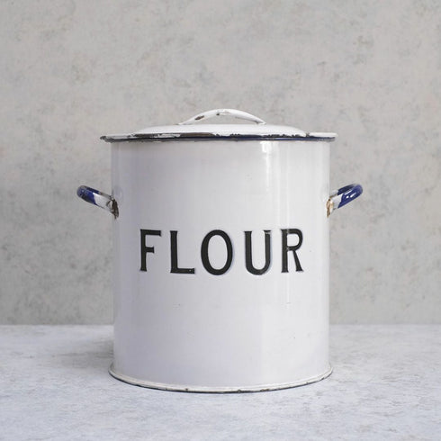 アンティーク ホーローFLOUR缶 イギリス 小麦粉保存容器 白い琺瑯ストッカー1