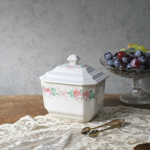 アンティーク シュガーポット 陶器 花模様 Choisy-le-Roi ショワジールロワ 1800年代後半フランス