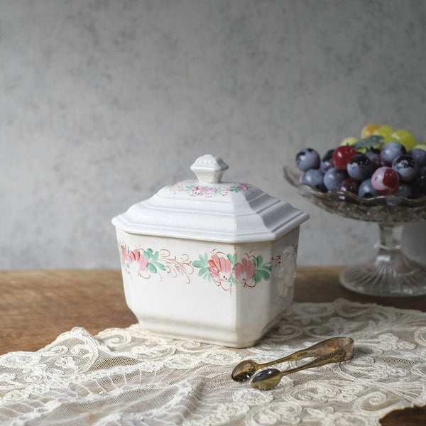 アンティーク シュガーポット 陶器 花模様 Choisy-le-Roi ショワジールロワ 1800年代後半フランス