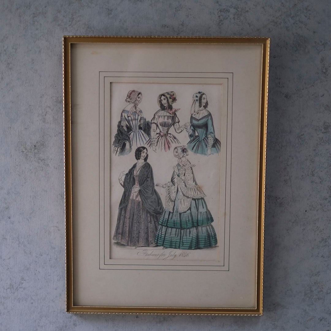 アンティークリトグラフピクチャー ドレスを着た婦人 ファッション画 Le Moniteur des Dames et des Demoiselles 石版画絵 フランス