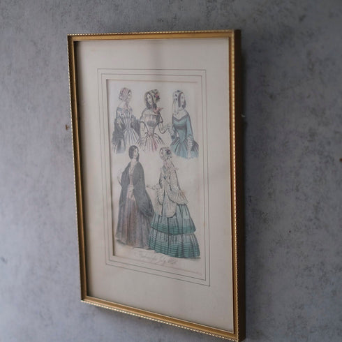 アンティークリトグラフピクチャー ドレスを着た婦人 ファッション画 Le Moniteur des Dames et des Demoiselles 石版画絵 フランス