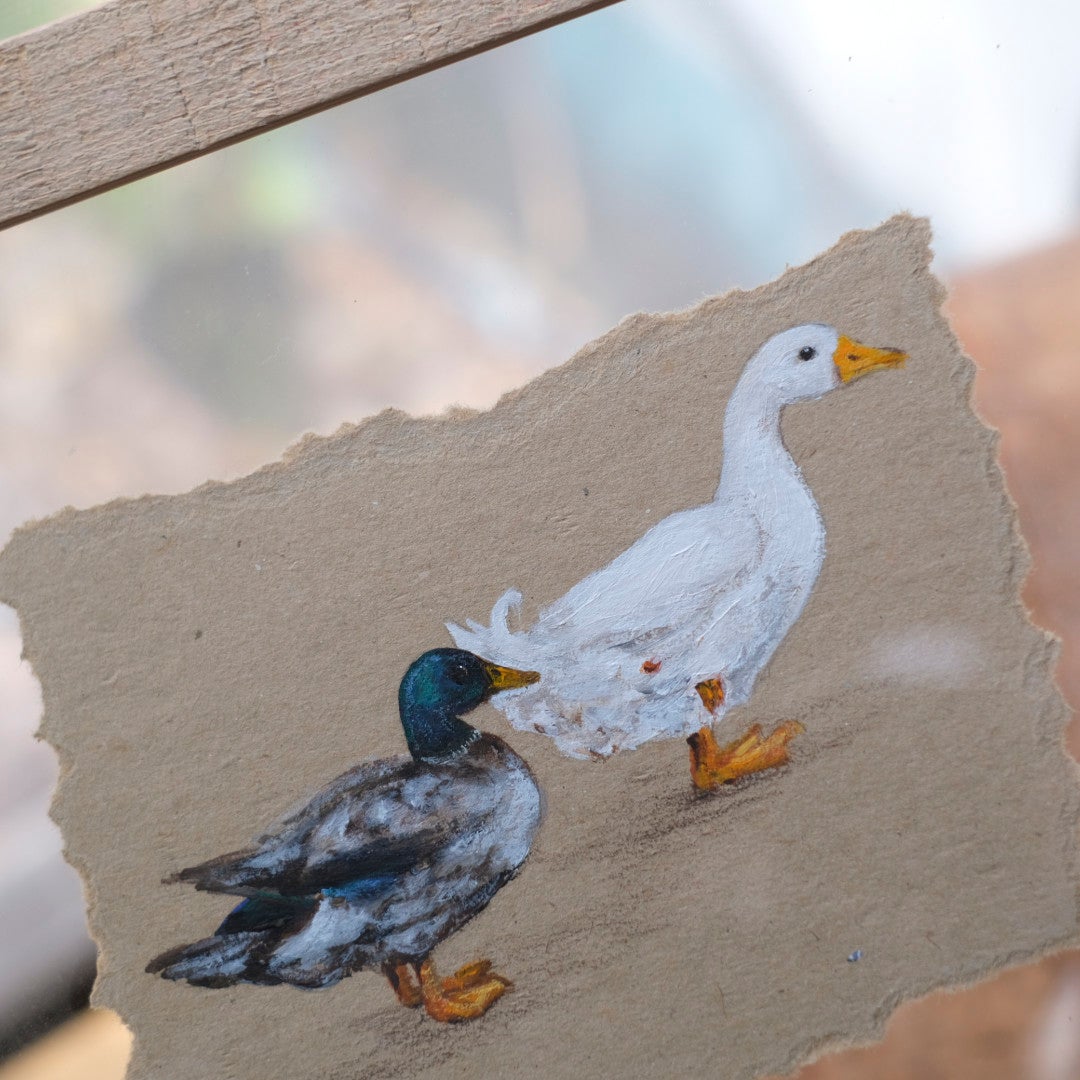 イギリス手描き鳥の絵 アヒルとカモ 手漉き紙のクローズアップ 二羽の表情と筆跡のわかる写真3