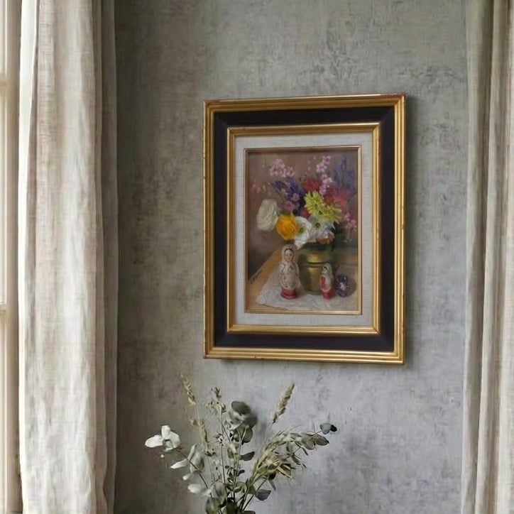 ヴィンテージ 油絵 花とマトリョーシカ Y. Bossiere フランス11
