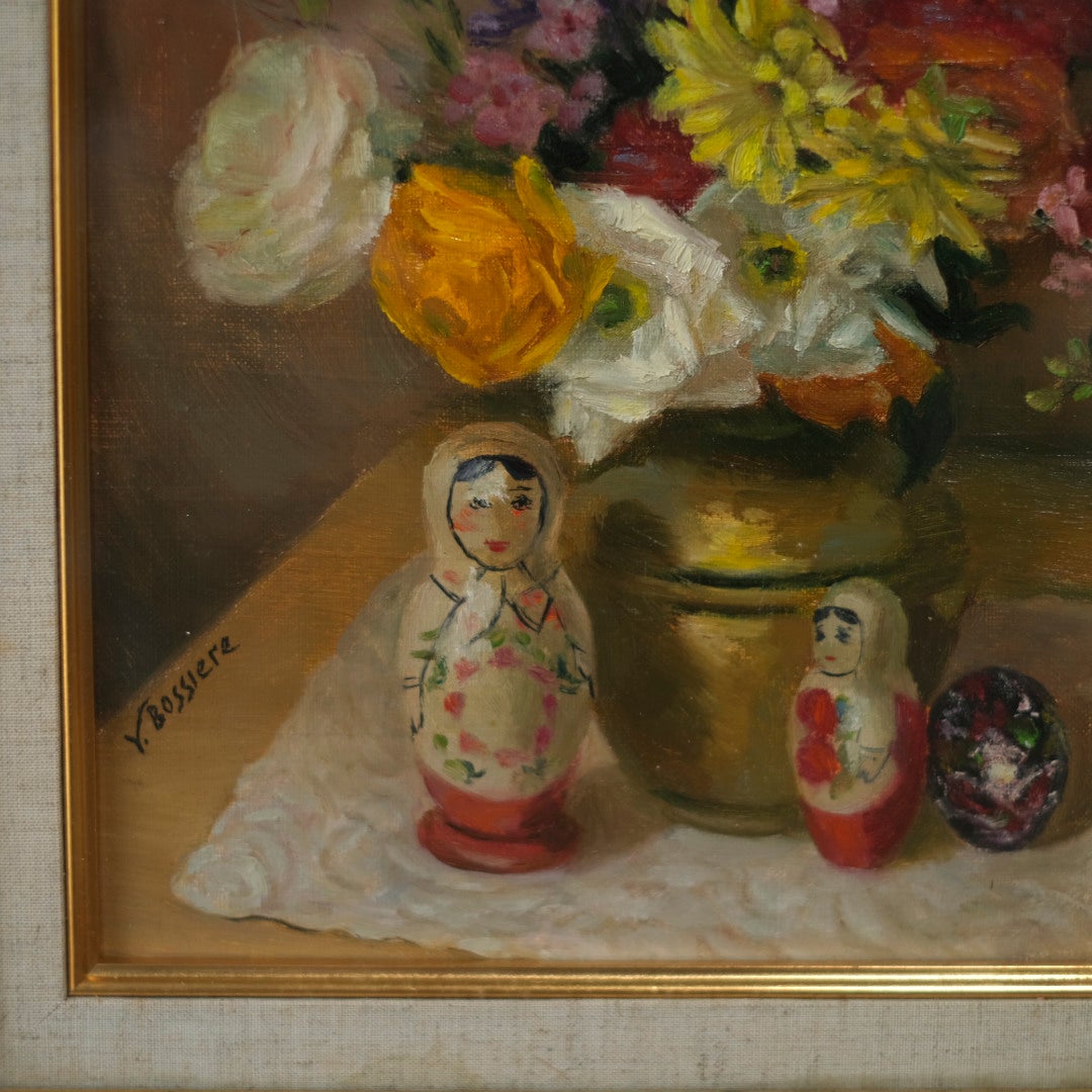 ヴィンテージ 油絵 花とマトリョーシカ Y. Bossiere フランス66