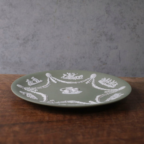 ヴィンテージ WEDGWOOD ウェッジウッド ジャスパー セージグリーン 飾り皿 キューピッド ガーランド イギリス33