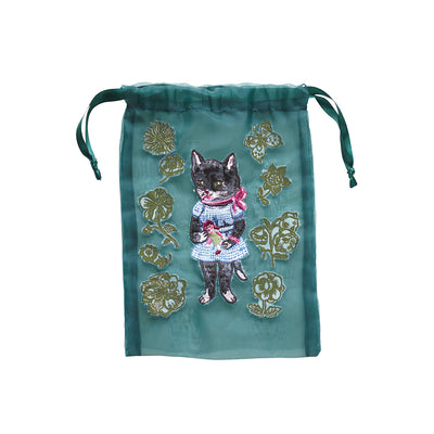 ナタリーレテ オーガンジー刺繍 巾着ポーチ Black cat 黒猫