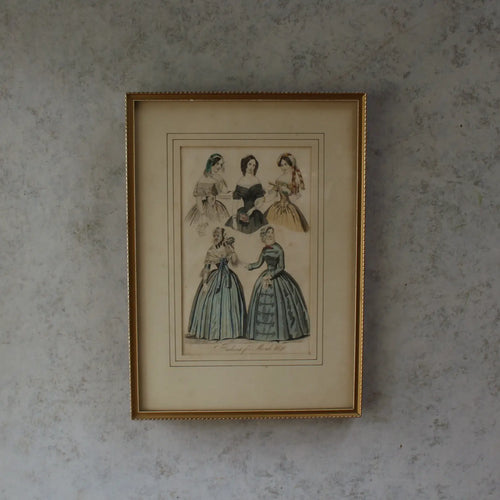 アンティーク 手彩色ファッション版画 1846年 フランス 壁に掛けた額全体