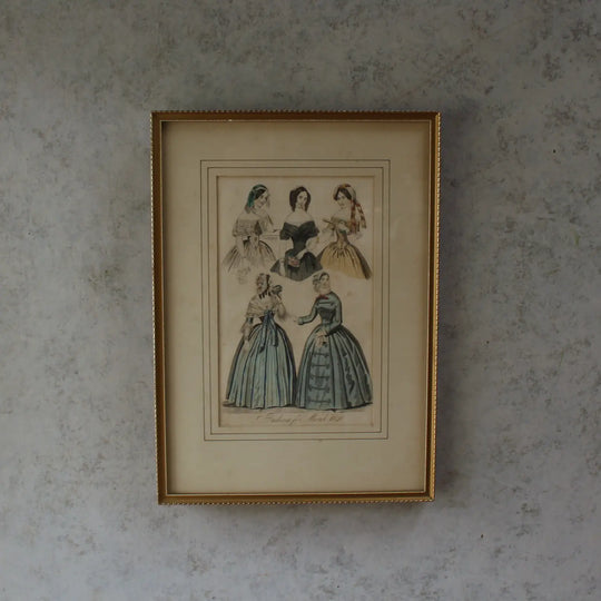 アンティーク 手彩色ファッション版画 1846年 フランス 壁に掛けた額全体