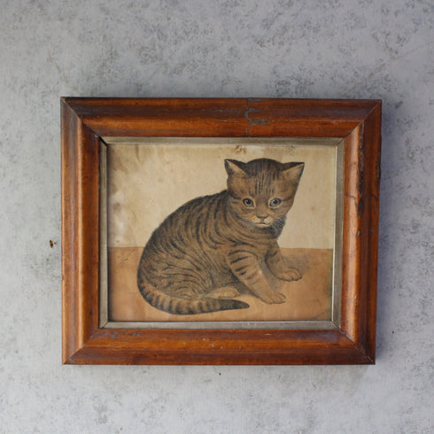 1900年代初期フランスのアンティークプリント、木製フレーム入りの子猫画2