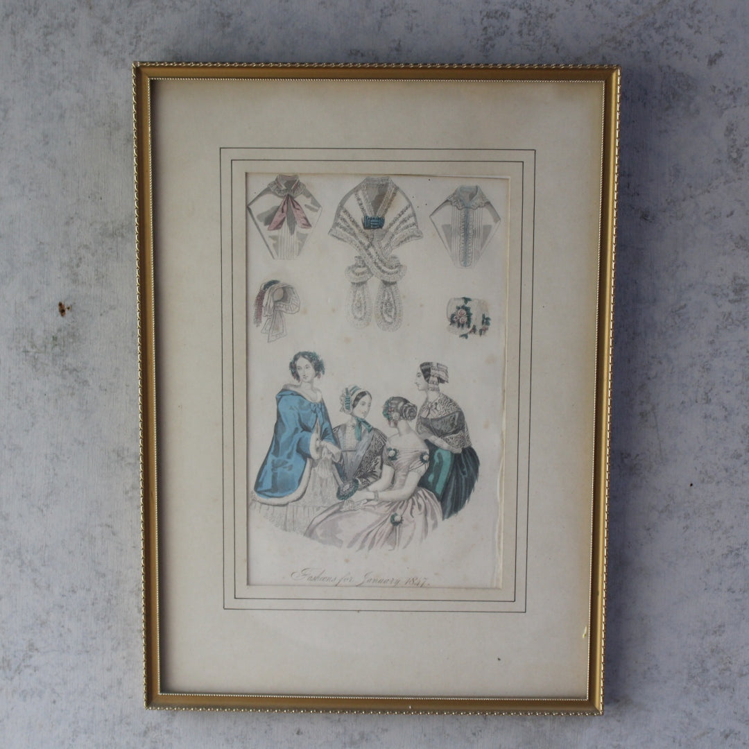 アンティークリトグラフピクチャー ファッション画 Le Moniteur des Dames et des Demoiselles 石版画絵 1847年 フランス(☆6月24日出荷予定)