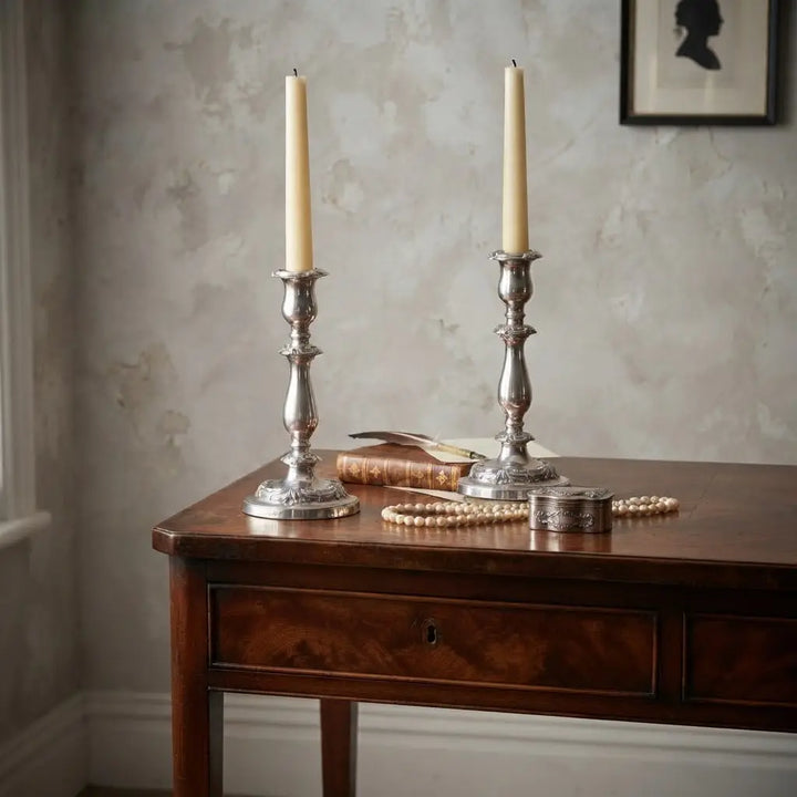 アンティーク 燭台 ペア シルバープレート イギリス 全体(インテリアコーディネート例、ロウソクを灯した状態)