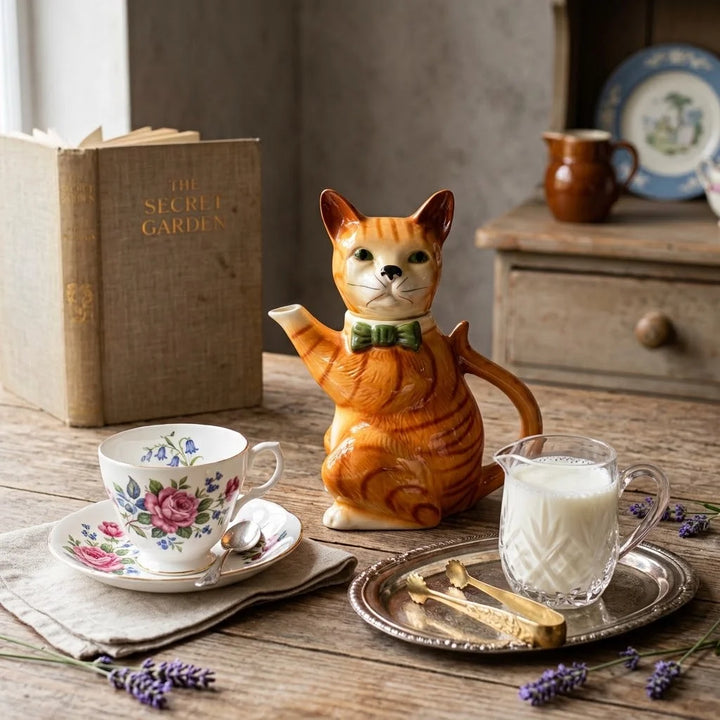 ヴィンテージ 猫のティーポット イギリス 1982年 ティーカップと並べたスタイリング