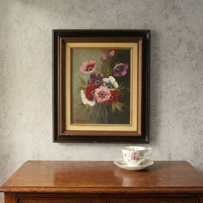 ヴィンテージ油絵 アネモネの花束 静物画 木製額縁 イギリス