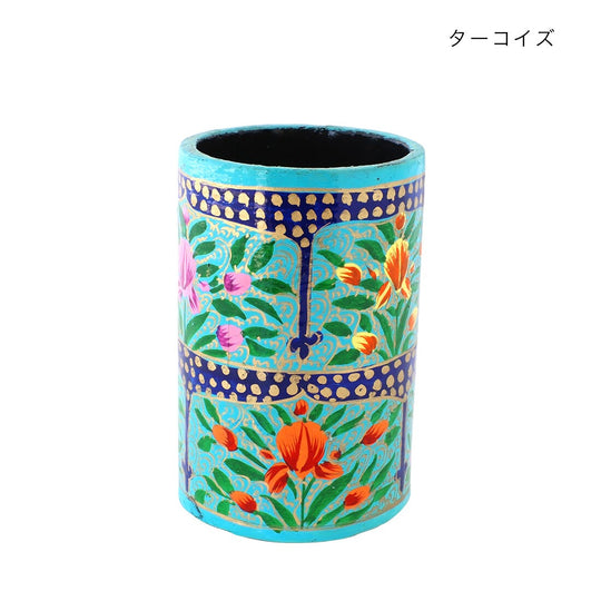 ペーパーマッシュ ペン立て ターコイズ 花柄 手描き インド