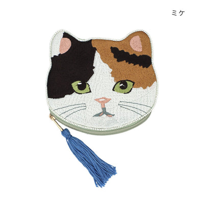 猫ビーズポーチ ミケ 刺繍 タッセル付き