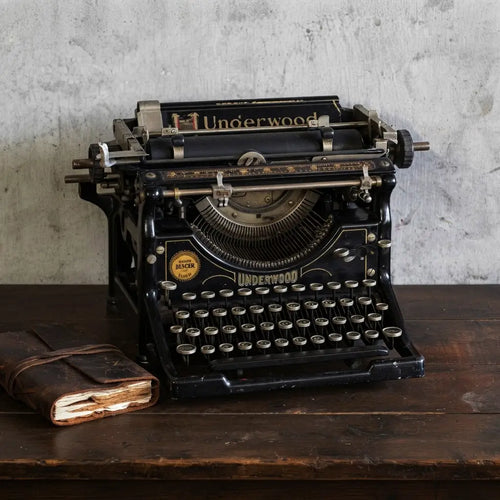 アンティーク タイプライター UNDERWOOD アメリカ - 正面斜めからの全体、革表紙の古書を添えたスタイリング