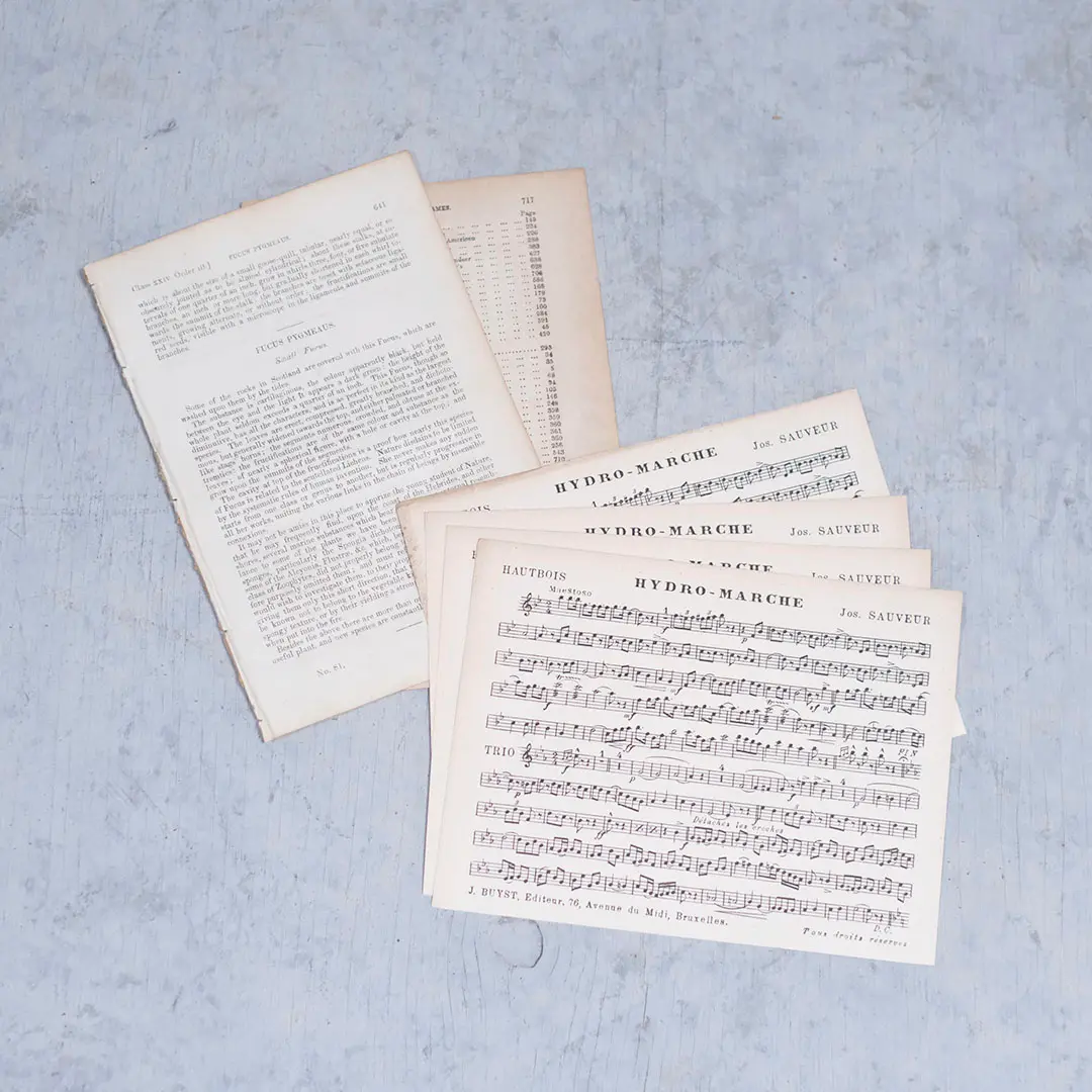 ヨーロッパアンティーク楽譜と洋書の１ページの６枚セット"