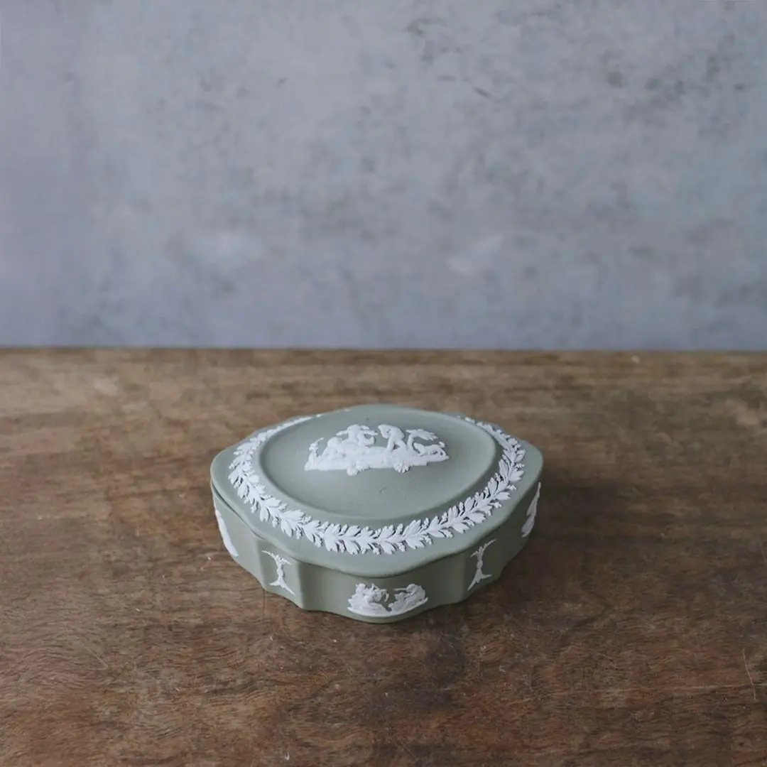 ヴィンテージ WEDGWOODジャスパー 小物入れ ケース ストーンウェア イギリス セージグリーン