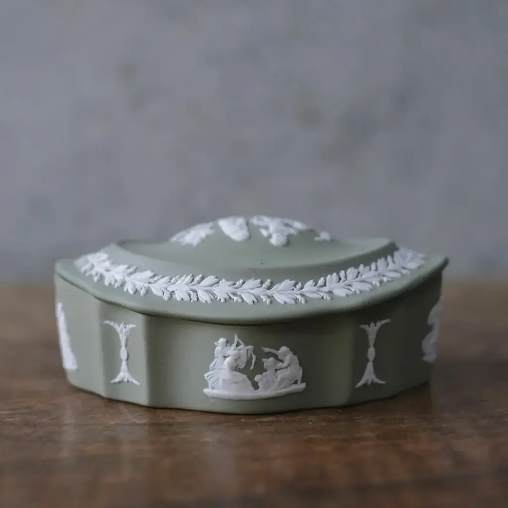 ヴィンテージ WEDGWOODジャスパー 小物入れ ケース ストーンウェア イギリス セージグリーン3