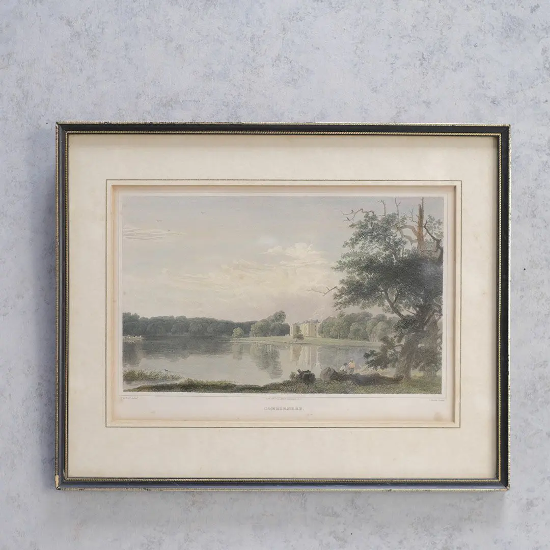 アンティーク リトグラフピクチャー湖畔の風景 イギリス 石版画