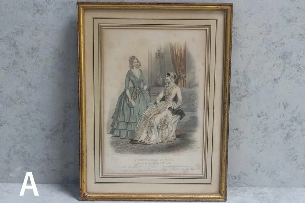 アンティークリトグラフ ドレスを着た婦人 フランスのファッション画 石版画4