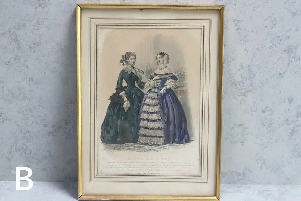 アンティークリトグラフ ドレスを着た婦人 フランスのファッション画 石版画5
