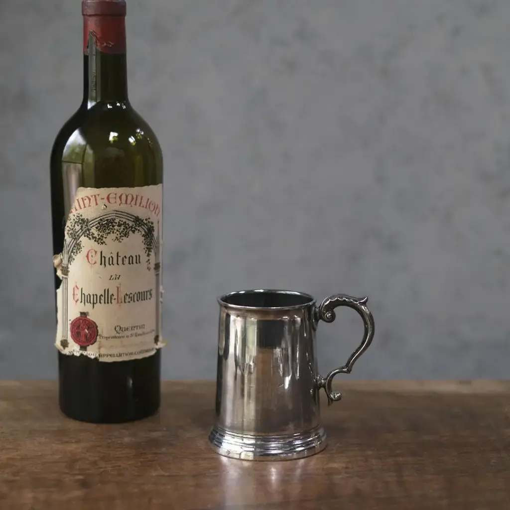 アンティークシリングタンカード ビアマグカップ 赤いガラス底 イギリス シルバープレート
