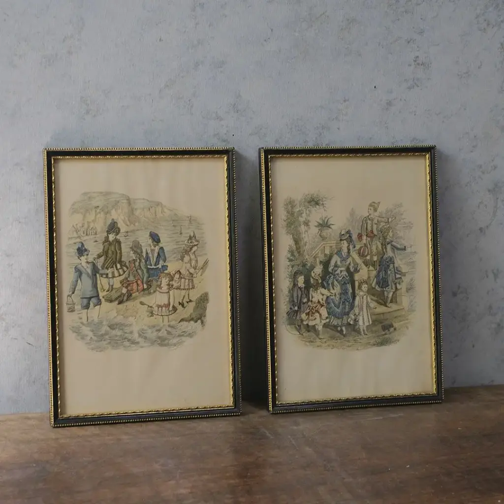 アンティークリトグラフピクチャー イギリスの小旅行を描いたクロモリトグラフ 石版画
