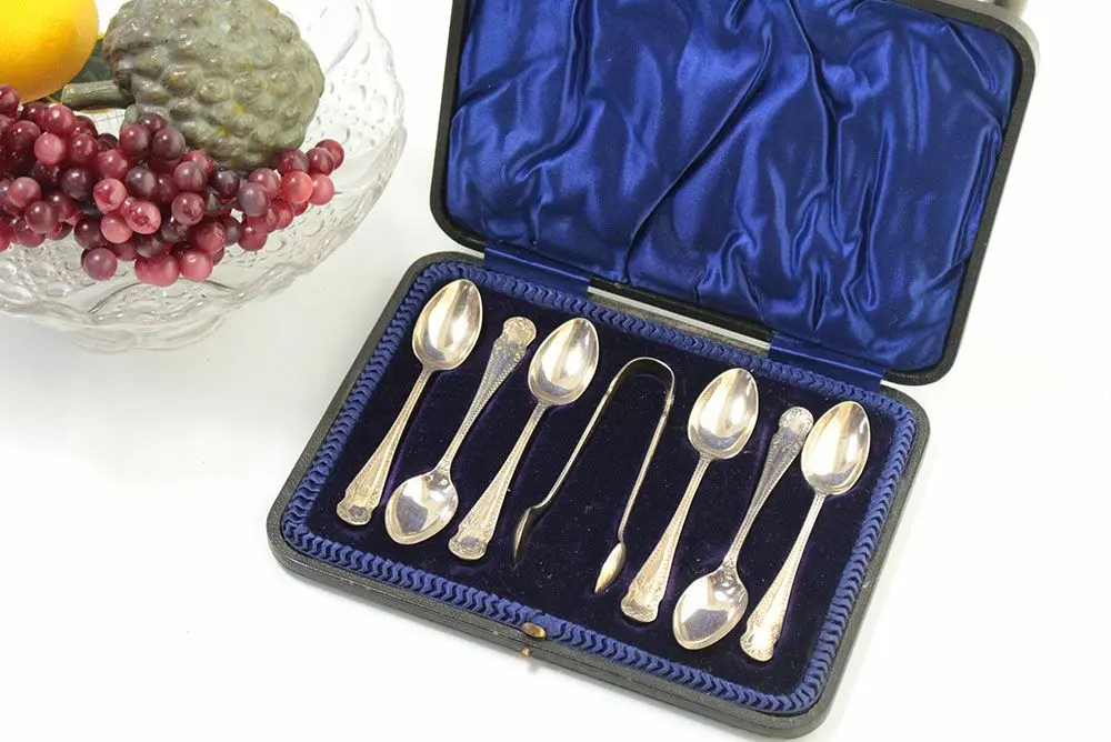 アンティークシルバープレートスプーン＆トングセット イギリス アール・ヌーヴォー様式
