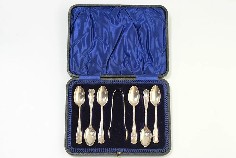 アンティークシルバープレートスプーン＆トングセット イギリス アール・ヌーヴォー様式1