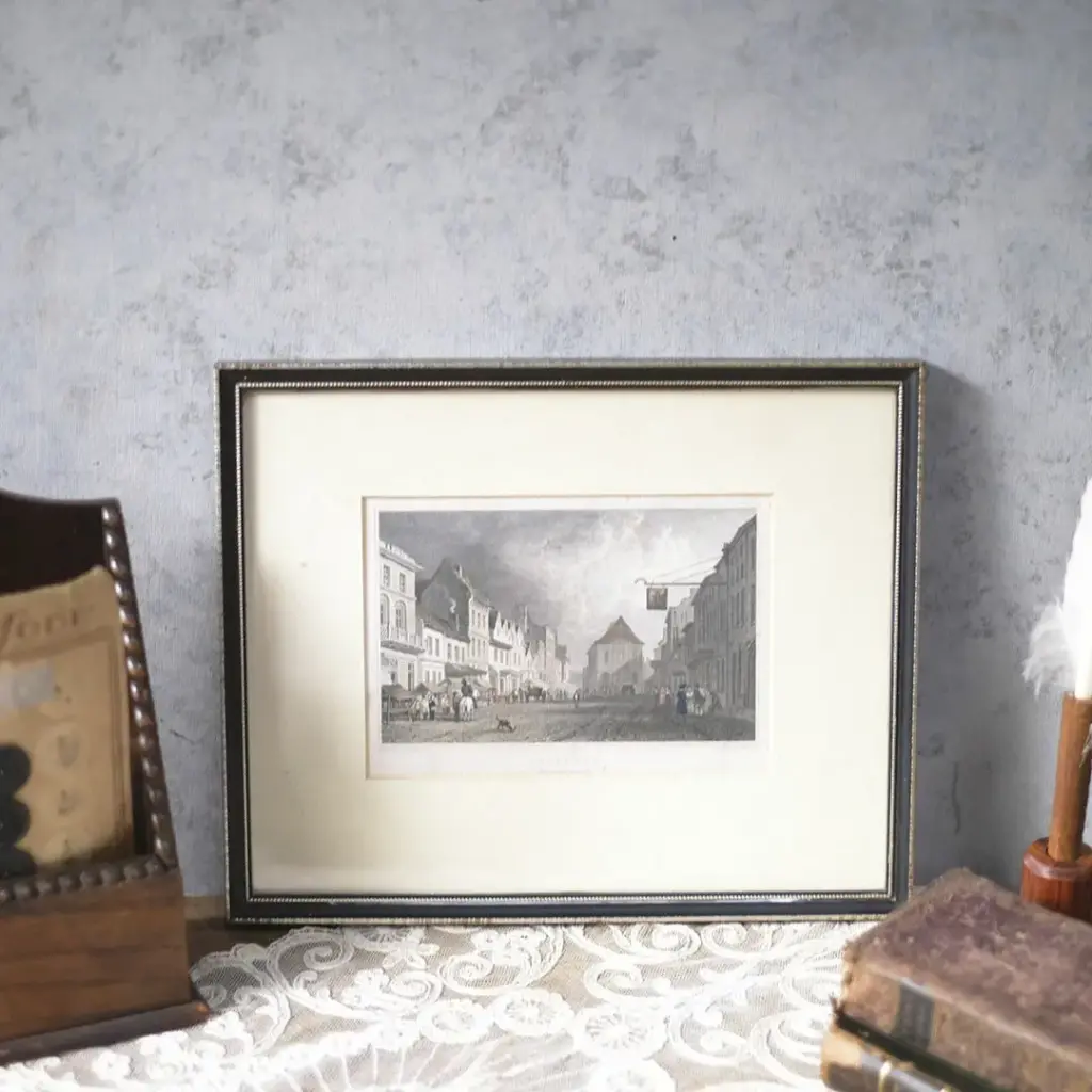 アンティークリトグラフピクチャー イギリス 鋼版画 ウェールズ北部デンビーシャー州の都市 Wrexham アンティーク雑貨