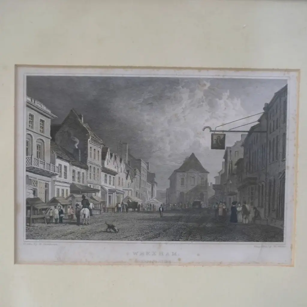 アンティークリトグラフピクチャー イギリス 鋼版画 ウェールズ北部デンビーシャー州の都市 Wrexham アンティーク雑貨4