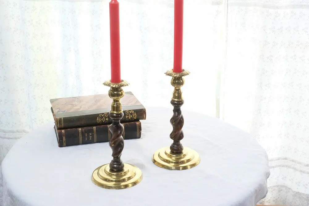 アンティーク ブラス＆オークツイストキャンドルスティックペア イギリス 燭台 キャンドルホルダー
