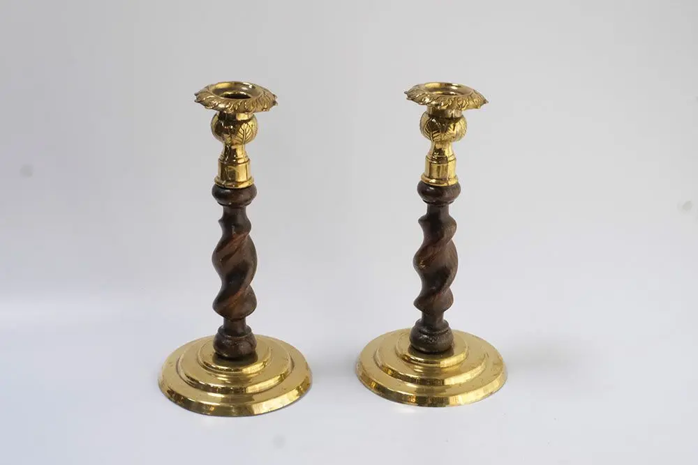 アンティーク ブラス＆オークツイストキャンドルスティックペア イギリス 燭台 キャンドルホルダー